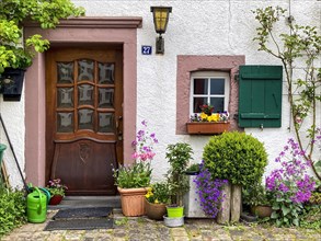 House entrance decorated with flowers and plants in old village Burgdorf Burgbering from 13th century of today destroyed castle Kronenburg