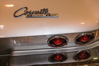 Lettering on historic sports car Classic Car Chevrolet Corvette C2 Stingray with split window from 1962 1963