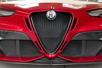 Details of front with black and white logo radiator grille Scudetto of limited to 500 pieces Italian sports car Alfa Romeo Giulia GTAm