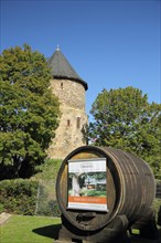 Historic Alexander Tower and wine barrel of the Kupferberg Sparkling Wine Cellars