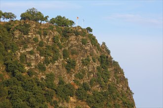View of the UNESCO Loreley Rock with German national flag