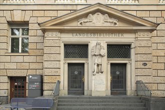 Entrance to the State Library built in 1913 with sculpture Johannes Gutenberg