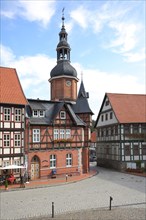 Market with half-timbered houses and Saig Tower