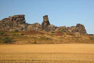 View of Teufelsmauer with Adlerfelsen and Koenigstein and stubble field