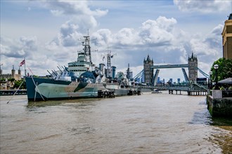 Museum Ship HMS Belfast on the Thames with Tower Bridge