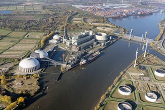 Aerial view of Moorburg power station behind the Container Terminal Altenwerder