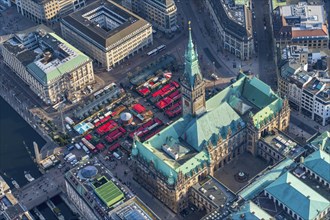 Aerial view of Hamburg City Hall with Christmas Market
