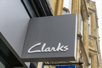 Close up of sign for Clarks shoeshop