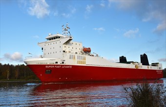 RoRo cargo ship Super Fast Levante sails through the Kiel Canal