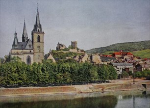 The bank of the Nahe in Bingen with the parish church and Klopp Castle in 1910