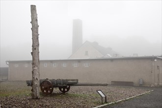Stake and cart with crematorium in the fog at beech forest concentration camp