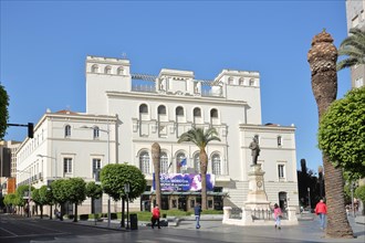 Theatre Teatro Lopez de Ayala at Plaza Minayo with monument to lawyer and politician Don Jose Moreno Nieto in Badajoz