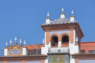 Detail of the Moorish building Casa Alvarez Buiza built ca. 1920 at the Plaza de Espana in Badajoz