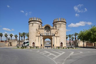 Gate with double towers Puerta de Palmas built in 1551 at the bridge Puente de Palmas in Badajoz