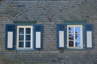 House wall with slate stone on half-timbered house in Wiesbaden