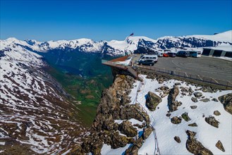 Drone view with parking at Dalsniba viewpoint over Geiranger