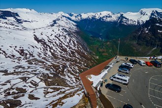 Drone view with parking at Dalsniba viewpoint over Geiranger