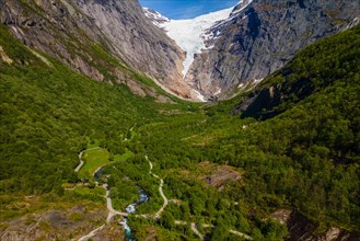 Drone view of the Briksdalsbreen valley and glacier
