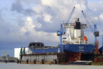 Cargo ship in the floating dock of a shipyard in Luneorthafen