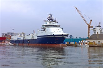Supply ship Island Captain at the pier of the Lloyd Werft shipyard in Bremerhaven