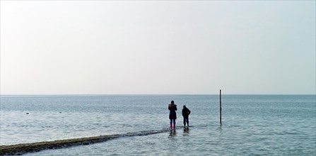 Two people on a groyne on the North Sea coast in Cuxhaven Sahlenburg