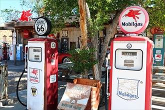 Antique gas pumps at Hackberry General Store on historic Route 66. Kingman