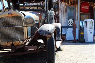 Vintage cars at the Hackberry General Store on historic Route 66. Kingman