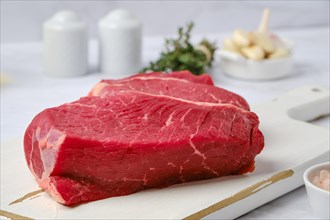 Closeup view of raw fresh top side beef steak