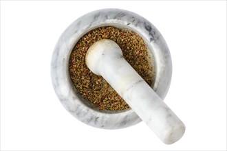 Top view of mortar with assortment of pepper