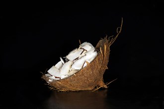 Finely sliced coconut meat in a coconut shell