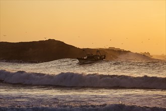 Fishing boat with seagulls on high wave