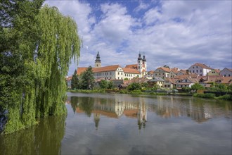 View over a pond to the old town of