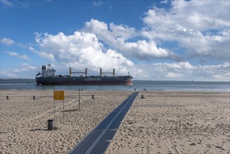 Cargo ship cruising in front of the beach at Boulevard Evertsen