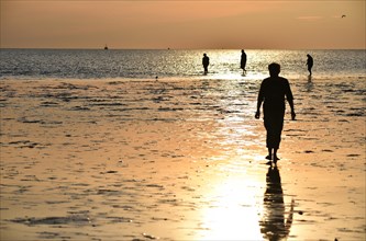 People walking on the mudflats at sunset on the North Sea