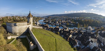 Aerial view of the town of Schaffhausen and Feuerthalen with the Munot town fortress