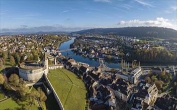 Aerial view of the town of Schaffhausen and Feuerthalen with the Munot town fortress