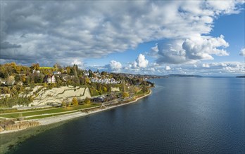Aerial view of Goldbach near Ueberlingen on Lake Constance with the newly designed lakeside promenade
