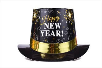 Black new year party paper top hat on white background