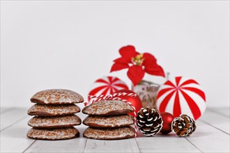 Stacks of traditional German round glazed gingerbread Christmas cookie called 'Lebkuchen'
