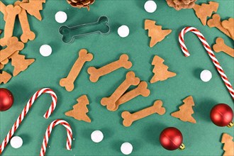 Homemade baked dog treat cookies in shape of bones and christmas tree on festive green background decorated with candy canes and tree baubles