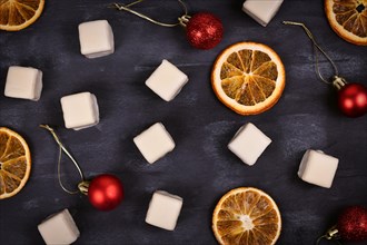 German candy called Dominosteine and orange slices. A Christmas food consisting of gingerbread