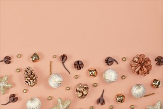 Christmas flat lay with golden fir cones