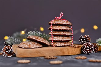 Stack of traditional German round glazed gingerbread Christmas cookie called 'Lebkuchen'