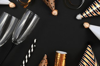 New Year Silvester celebration flat lay with champagne drinking glasses