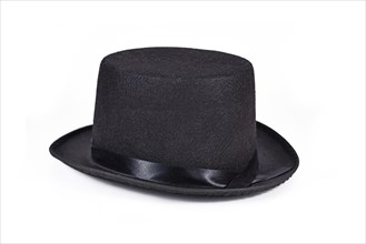 Black felt top hat on white background
