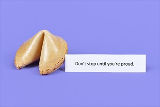 Whole fortune cookie with motivational text Dont stop till youre proud on paper on purple background
