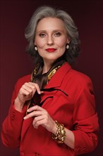 Portrait of a beautiful elderly womanin a red jacket with accessories and classic makeup and gray hair