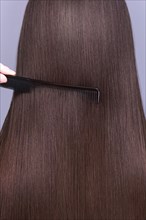 A closeup view of a bunch of shiny straight brown hair