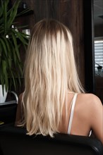 Young woman in a hairdressing salon before coloring her hair blond. beauty face and hair. Back view