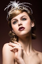 Portrait of elegant retro woman with beautiful hair and dark lips. Beauty face. Picture taken in the studio